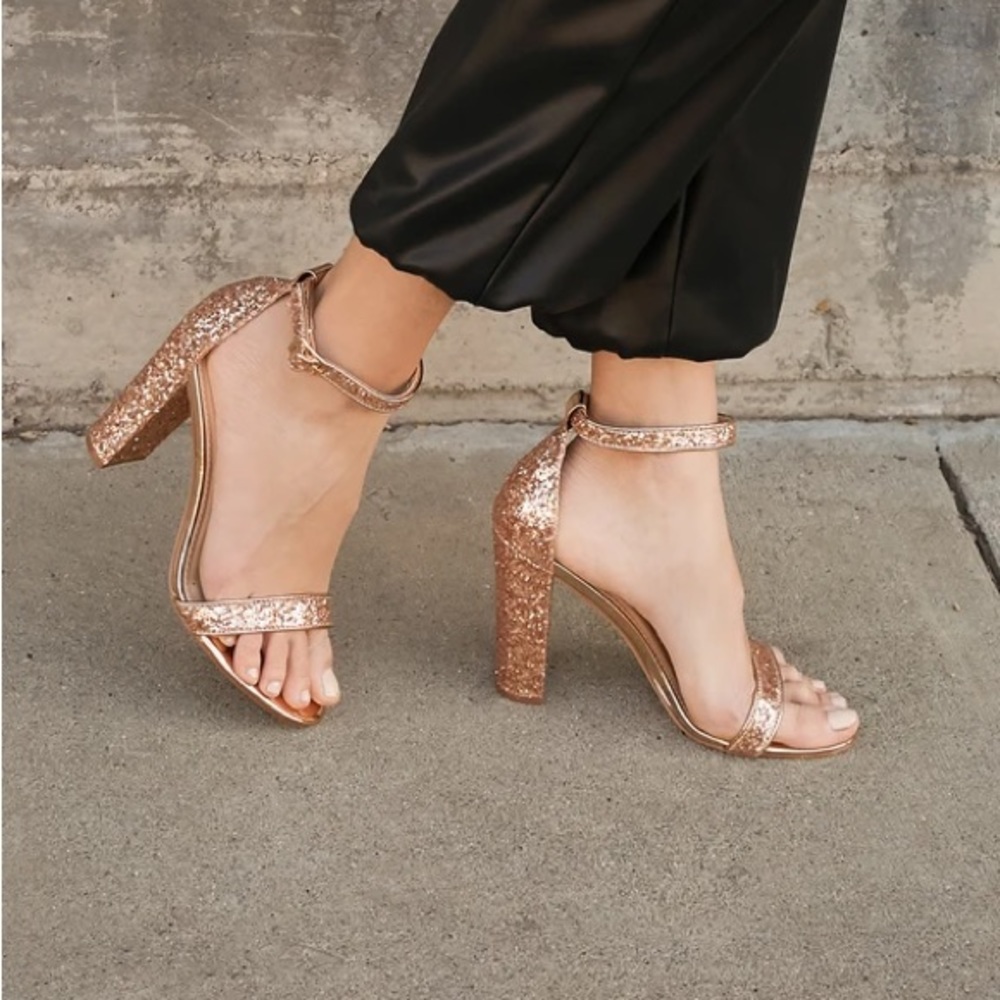 Lulus Heels 8 Rose Gold Glitter Taylor Ankle Toe Strap Wrapped Block Classic